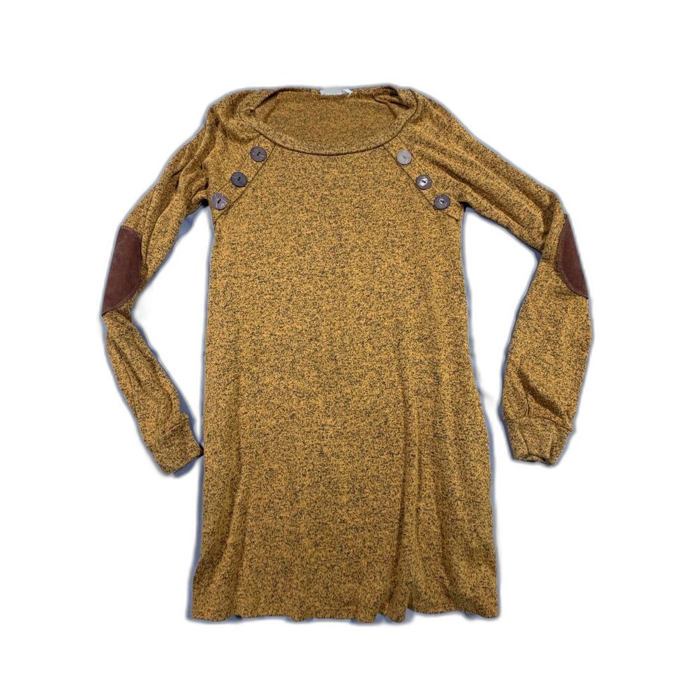 Twenty Second Mustard Yellow Knit Tunic Top  Suede Elbow Patches & Buttons Small